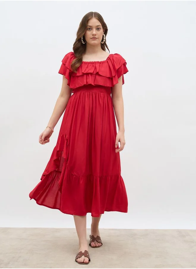 Styli Styli Women Red Smocked Asymmetric Hem A-Line Midi Dress