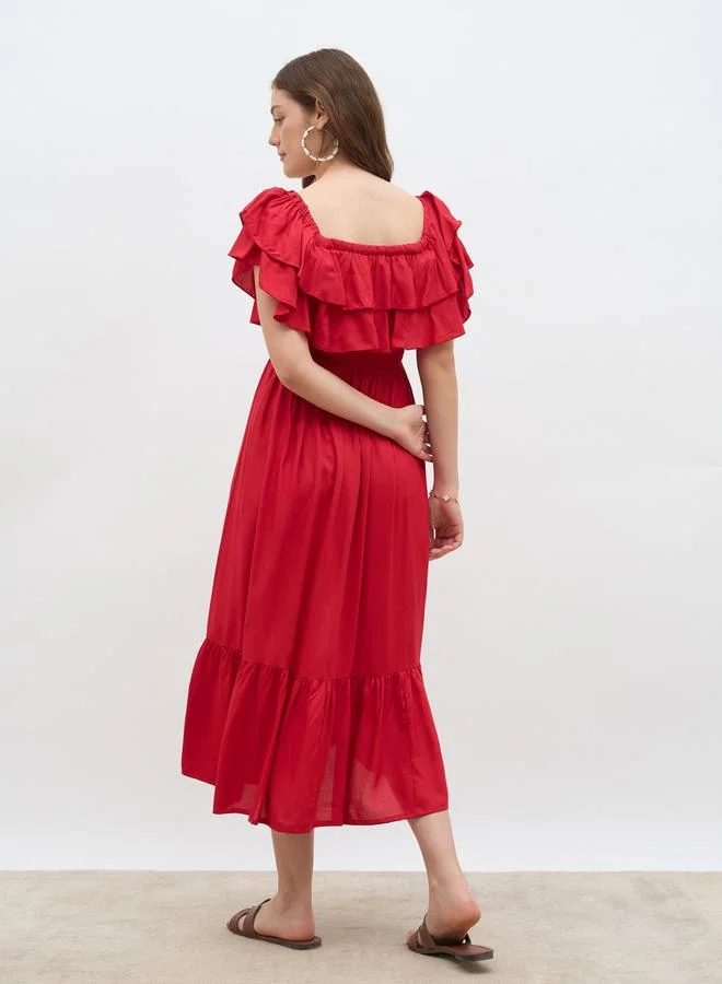 Styli Styli Women Red Smocked Asymmetric Hem A-Line Midi Dress
