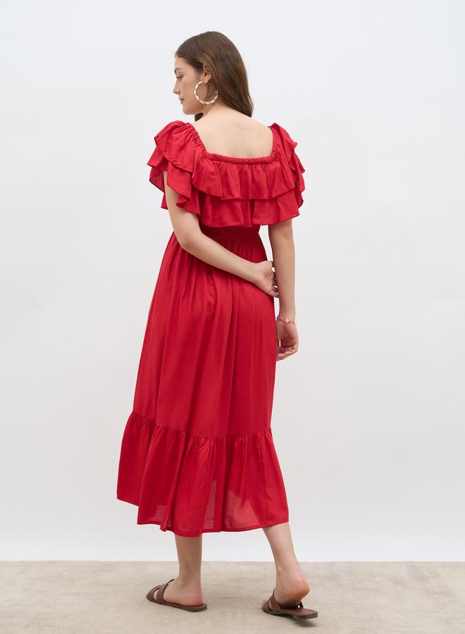 ستايلي فستان ميدي ستايلي نسائي أحمر بخصر مطاطي وحافة غير متماثلة - Image 5