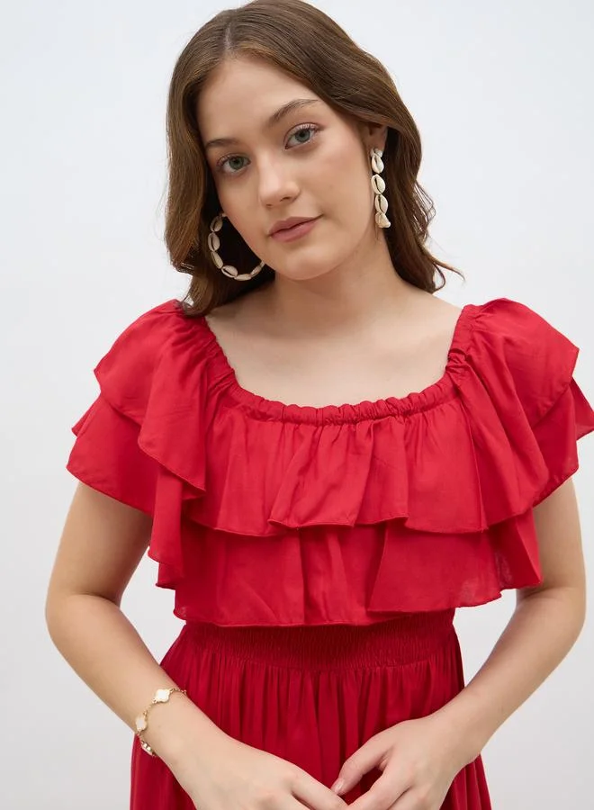 Styli Styli Women Red Smocked Asymmetric Hem A-Line Midi Dress