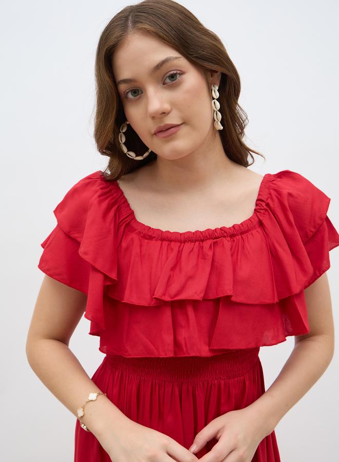 ستايلي فستان ميدي ستايلي نسائي أحمر بخصر مطاطي وحافة غير متماثلة - Image 4