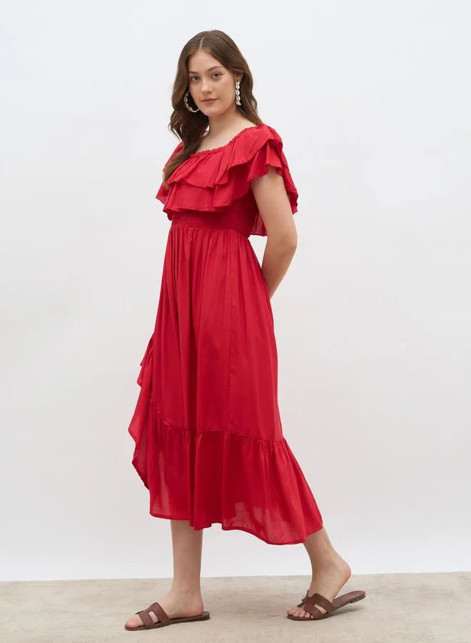 Styli Styli Women Red Smocked Asymmetric Hem A-Line Midi Dress