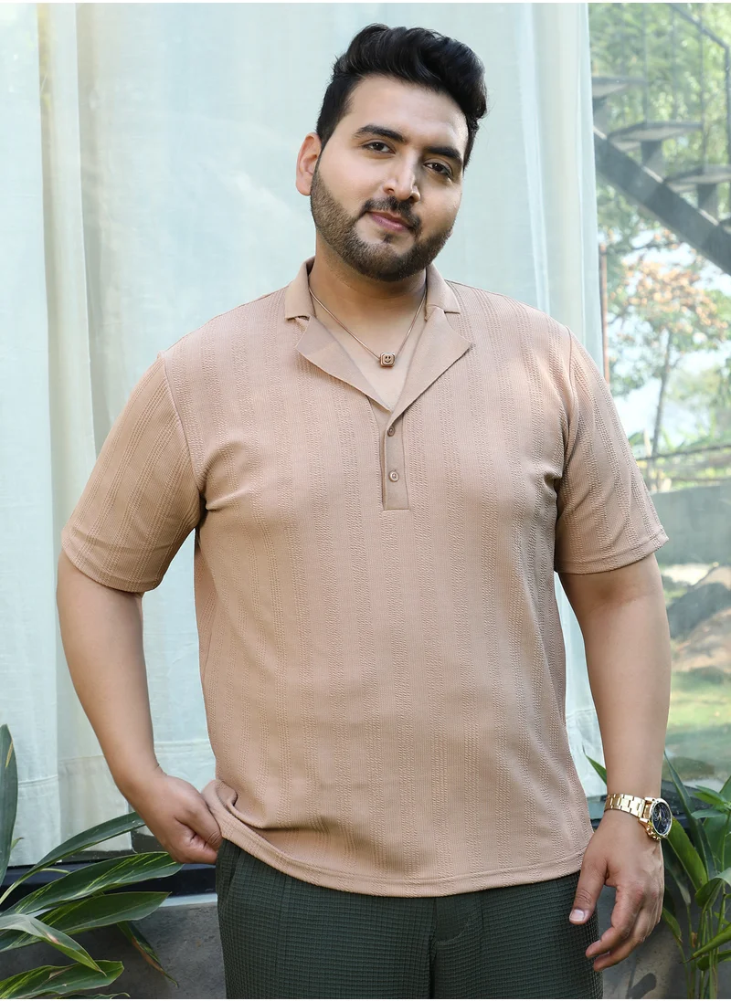 انستافاب بلس Instafab Plus Men's Peanut Brown Rope-Tactile Cuban Polo T-Shirt For Casual Wear | Polo Neck | Short Sleeves | Half-Button Closure | Plus Size T-Shirt Crafted With Comfort Fit For Everyday Wear