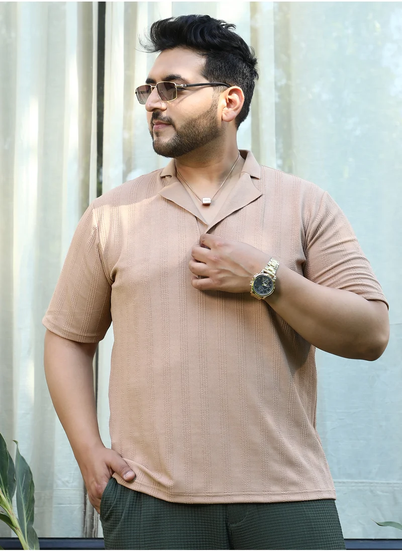 انستافاب بلس Instafab Plus Men's Peanut Brown Rope-Tactile Cuban Polo T-Shirt For Casual Wear | Polo Neck | Short Sleeves | Half-Button Closure | Plus Size T-Shirt Crafted With Comfort Fit For Everyday Wear