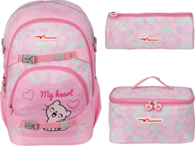 ريلاكسن Imported Luxury Cat Patterned Triple School Bag Lunch Pencil Case 1471 3-Pack