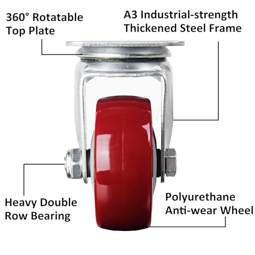 Finnhomy 3 Inch Swivel Casters Wheels Set of 4 Heavy Duty Plate Casters Premium Polyurethane Wheels PU Load Bearing 2,200 Lbs Anti-wear Smooth Casters Red (Free Screws) - Image 3