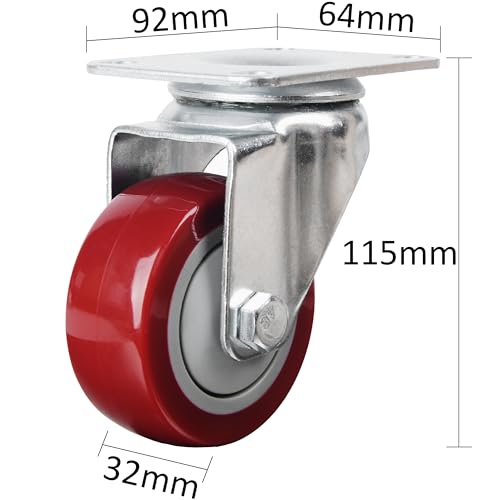 Finnhomy 3 Inch Swivel Casters Wheels Set of 4 Heavy Duty Plate Casters Premium Polyurethane Wheels PU Load Bearing 2,200 Lbs Anti-wear Smooth Casters Red (Free Screws) - Image 2