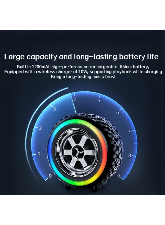 Colorful ambient light tire Bluetooth speaker, wireless Bluetooth speaker, mini smart subwoofer, portable battle wheel, portable Bluetooth speaker, long playback time, 10M Bluetooth range, enhanced bass, noise cancelling microphone, white, desktop creative decoration dazzling - Image 2