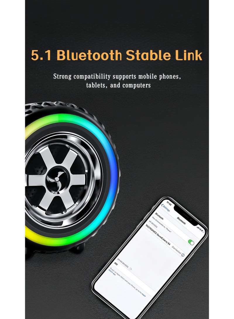 Colorful ambient light tire Bluetooth speaker, wireless Bluetooth speaker, mini smart subwoofer, portable battle wheel, portable Bluetooth speaker, long playback time, 10M Bluetooth range, enhanced bass, noise cancelling microphone, white, desktop creative decoration dazzling - Image 1