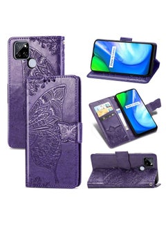 HuHa Case Cover For Realme V3 Butterfly Love Flower Embossed Horizontal Flip Leather Case with Bracket / Card Slot / Wallet / Lanyard Dark Purple 