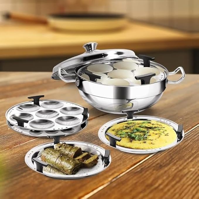 كاداي متعدد الأغراض من الفولاذ المقاوم للصدأ مع غطاء، 2 طبق إيدلي عادي، 1 طبق إيدلي صغير، 1 طبق بخار، 2 طبق دوكلا، وعاء متعدد الاستخدامات من AllinOne، كاداي يعمل بالحث الكهرومغناطيسي، مناسب للغاز - Image 3