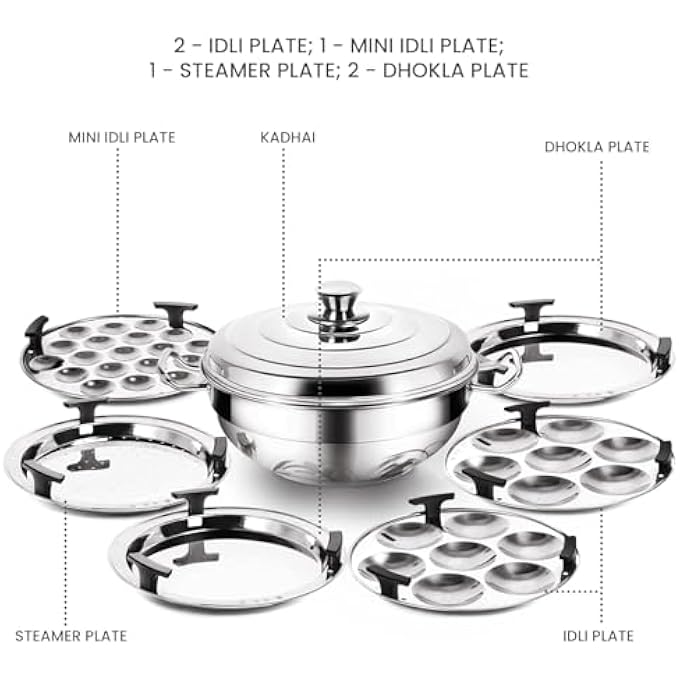 كاداي متعدد الأغراض من الفولاذ المقاوم للصدأ مع غطاء، 2 طبق إيدلي عادي، 1 طبق إيدلي صغير، 1 طبق بخار، 2 طبق دوكلا، وعاء متعدد الاستخدامات من AllinOne، كاداي يعمل بالحث الكهرومغناطيسي، مناسب للغاز - Image 4