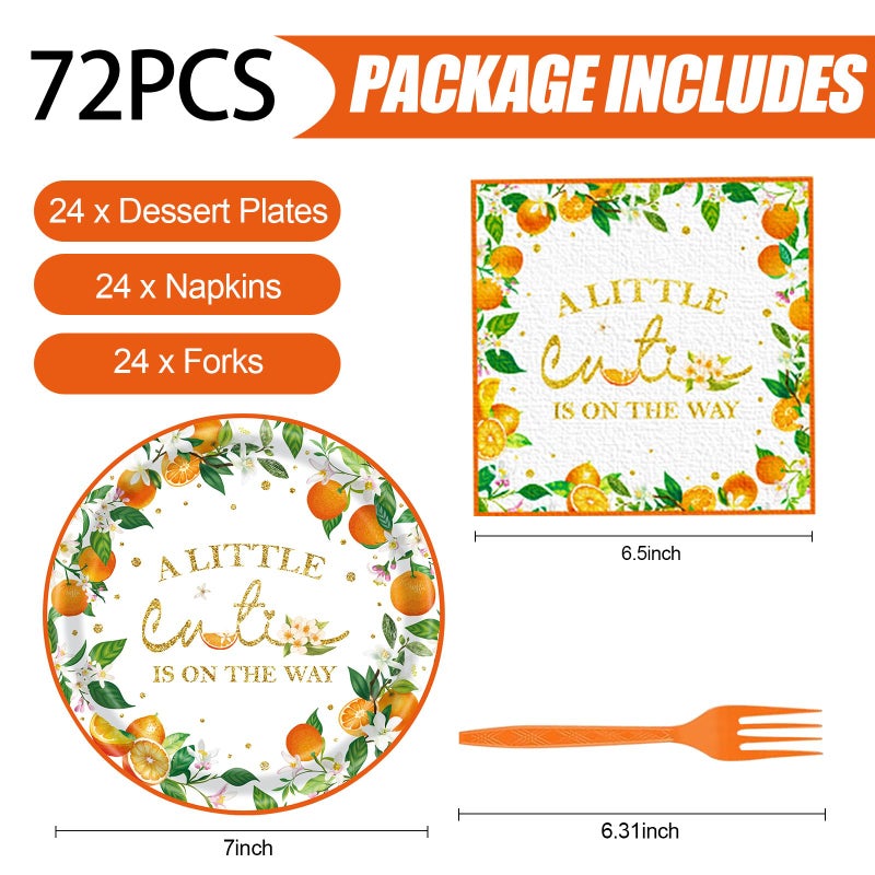 KFJBPB 72 Pcs Little Cutie Baby Shower Party Supplies - Orange Birthday Decorations  Paper Plates and Napkins Set - A Little Cutie is on The Way Tableware Serves 24 - Image 2