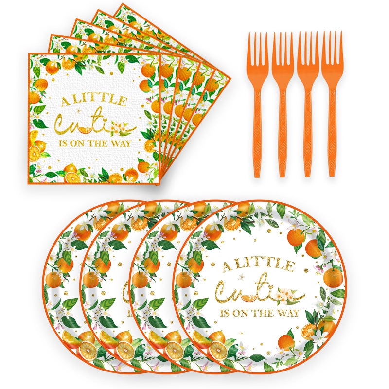 KFJBPB 72 Pcs Little Cutie Baby Shower Party Supplies - Orange Birthday Decorations  Paper Plates and Napkins Set - A Little Cutie is on The Way Tableware Serves 24 - Image 1