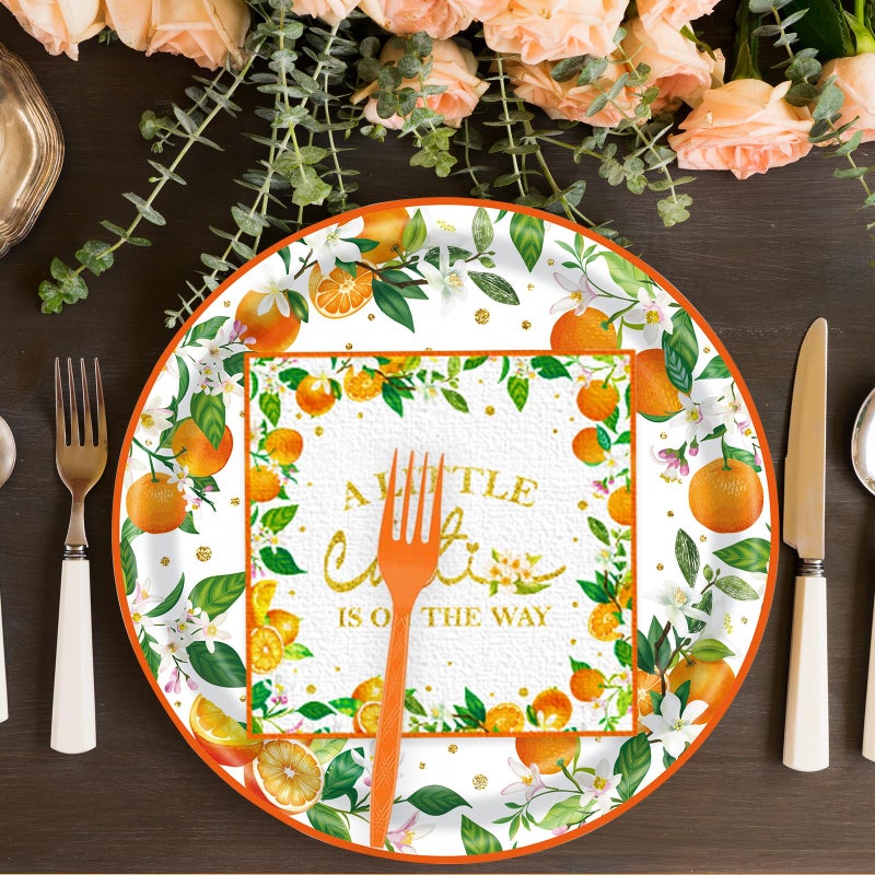 KFJBPB 72 Pcs Little Cutie Baby Shower Party Supplies - Orange Birthday Decorations  Paper Plates and Napkins Set - A Little Cutie is on The Way Tableware Serves 24 - Image 4