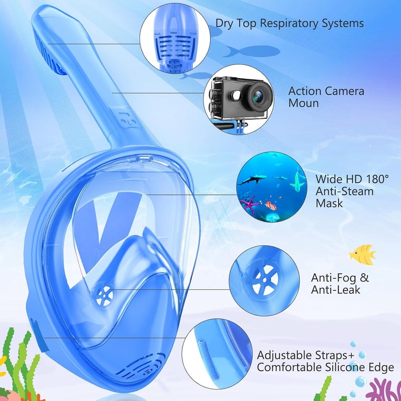 Kids Snorkel Mask Full Face, Snorkeling Gear for Kids with Camera Mount, 180 Degree Panoramic View Snorkeling Set Anti-Fog Anti-Leak - Image 2