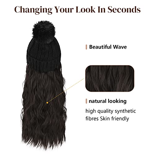 Flufymooz Beanie Wig Hat Hair Extension Long Wavy Curly Black Hat Wig with Faux Fur Pom Hat wig hat Attached 20 Inch Synthetic Hairpiece for Women Girls Winter Black Brown - Image 3
