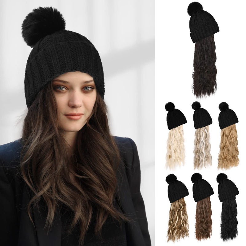 Flufymooz Beanie Wig Hat Hair Extension Long Wavy Curly Black Hat Wig with Faux Fur Pom Hat wig hat Attached 20 Inch Synthetic Hairpiece for Women Girls Winter Black Brown - Image 2