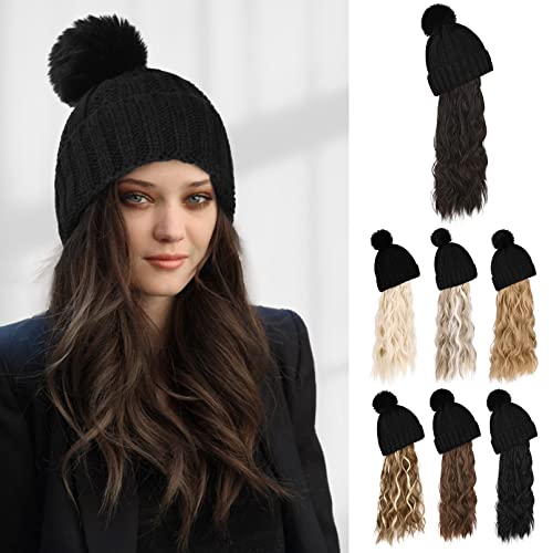 Flufymooz Beanie Wig Hat Hair Extension Long Wavy Curly Black Hat Wig with Faux Fur Pom Hat wig hat Attached 20 Inch Synthetic Hairpiece for Women Girls Winter Black Brown - Image 1