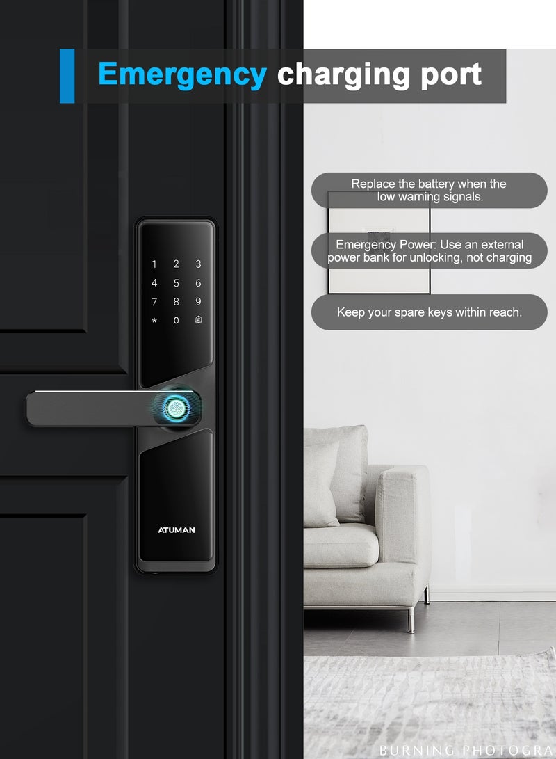أتومن مفتاح الذكي، مفتاح الباب الذكي، مفتاح الباب بالبصمة الإصبع، تحكم عن بُعد بتطبيق تواي (Tuya)، اللون الأسود، الموديل 702ATuMan الأسود، مقبس 4585 - Image 4