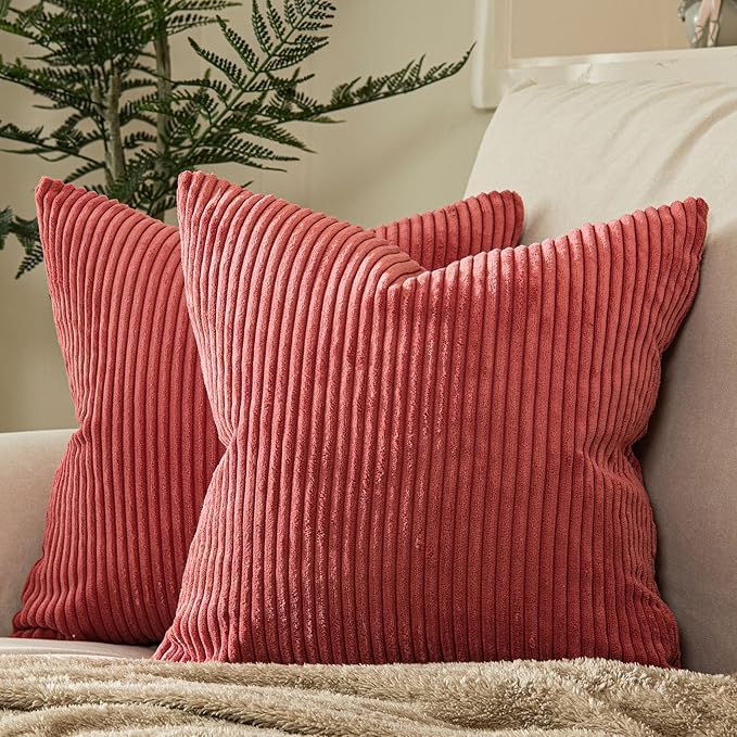 Guffaw Corduroy Cushion Covers 24x24 inches for Sofa, Bed, Couch Chair, Large Size, Square Pillow Shams (2, Cranberry RED) - Image 1