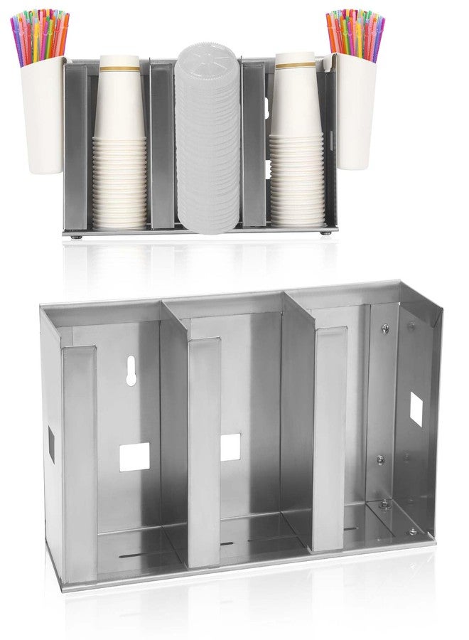 benut Adjustable Stainless Steel Cup & Lid Holder - 3 Compartments, 32 oz Cup Dispenser for Restaurant, Straw Organizer Commercial Cup Holder, 304 Stainless Steel Lid Dispenser - Image 1