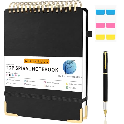 Mousbull Top Spiral Notebook, A4 Hardcover Top Bound Steno Pads, 240 Pages 100gsm College Ruled Left Handed Notebook Journal for Work, School, Meeting Writing - Black, 8.5" x 11" - Image 1