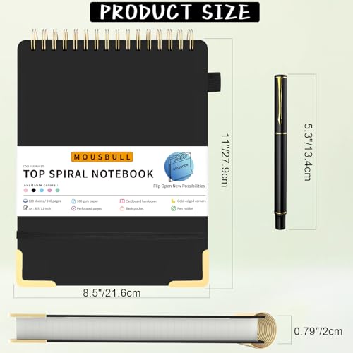 Mousbull Top Spiral Notebook, A4 Hardcover Top Bound Steno Pads, 240 Pages 100gsm College Ruled Left Handed Notebook Journal for Work, School, Meeting Writing - Black, 8.5" x 11" - Image 3