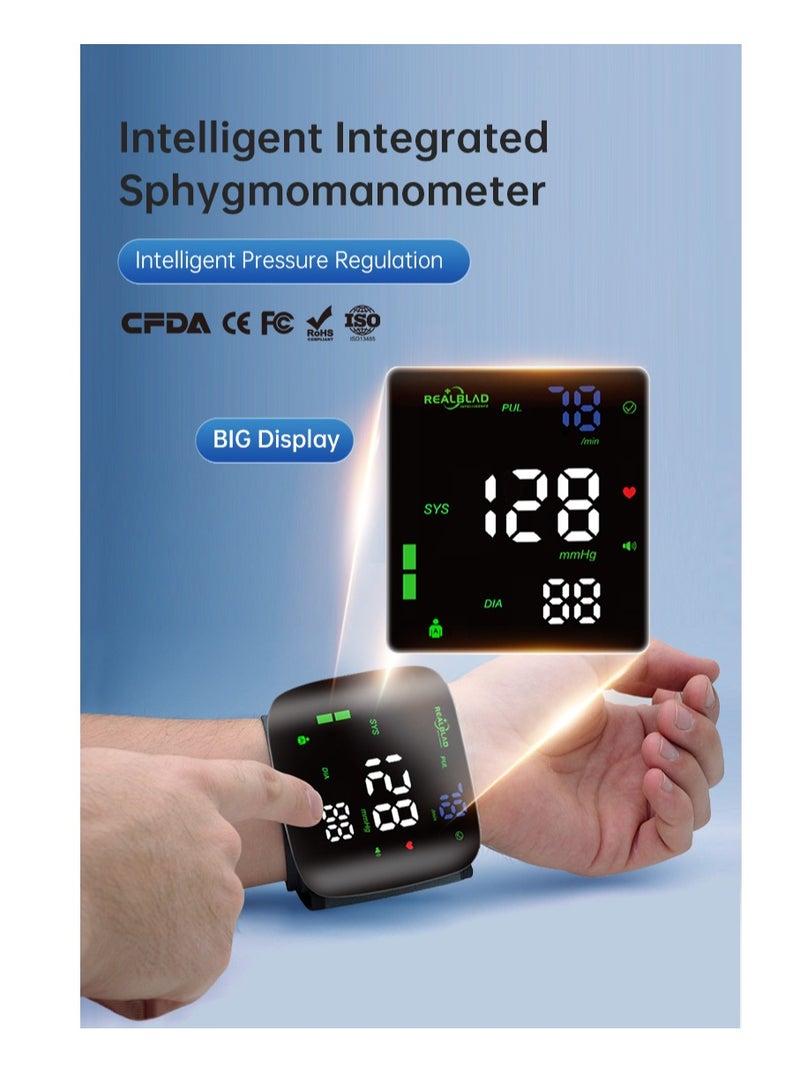 REALBLAD Blood Pressure Monitor With Arabic Voice Broadcast Rechargeable 2X99 Readings Memory Wrist BP Monitor With LED Large Display BLACK And WHITE - Image 4