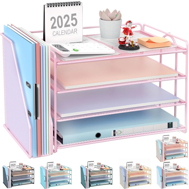 gianotter 4-Tier Paper Organizer With Magazine Holder, Desk Organizers and Accessories, Cute Desk Accessories for Women, File Organizer for Office Supplies Storag(Pink) - Image 1