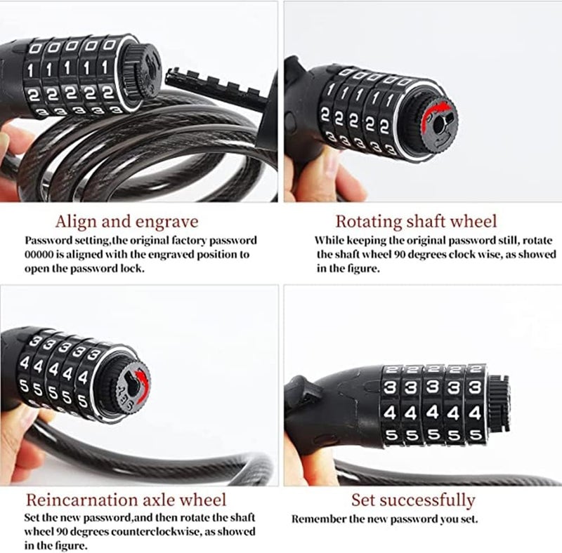 Bike Lock Cable 5-Digit Resettable Combination Coiling Cable Lock, Black, 1.2M - Image 4