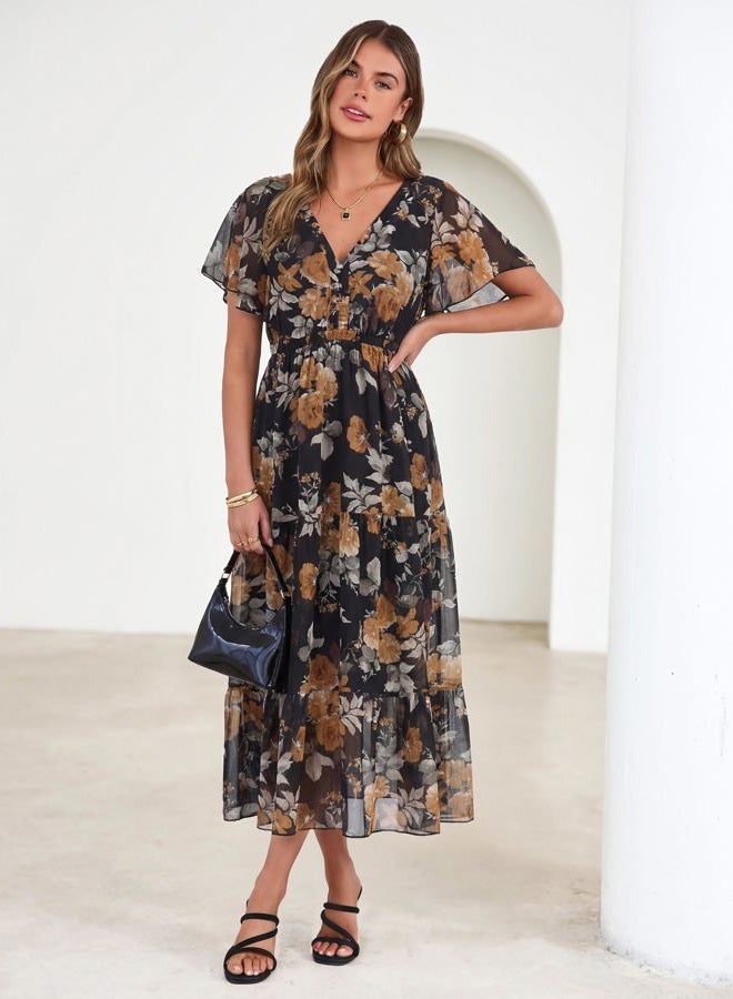 SIMPLEE Womens Floral Boho Maxi Dress Summer Beach Wedding Guest V Neck Ruffle Sleeve Long Flowy Dresses, Black Brown Floral, S - Image 5