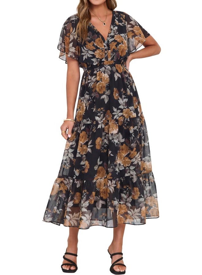 SIMPLEE Womens Floral Boho Maxi Dress Summer Beach Wedding Guest V Neck Ruffle Sleeve Long Flowy Dresses, Black Brown Floral, S - Image 1