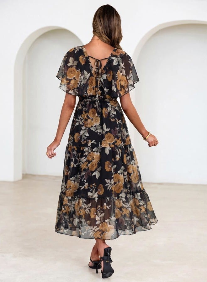 SIMPLEE Womens Floral Boho Maxi Dress Summer Beach Wedding Guest V Neck Ruffle Sleeve Long Flowy Dresses, Black Brown Floral, S - Image 4