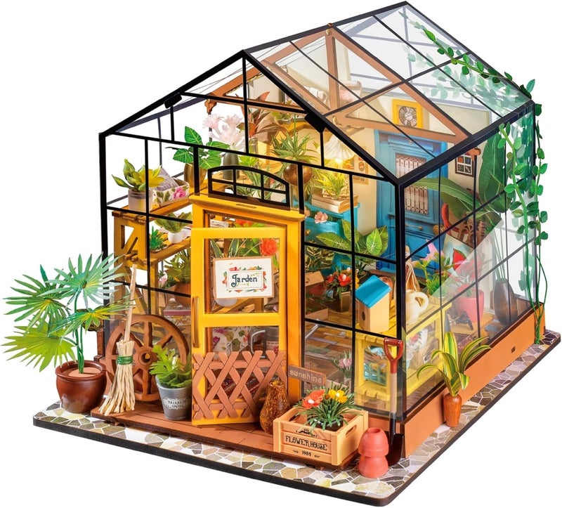 ROBOTIME DIY Miniature House Kit Mini Green House Tiny Dollhouse Wooden Furniture Kit with LED Halloween/Christmas/Birthday Gifts for Adults (Cathy's Greenhouse) - Image 1