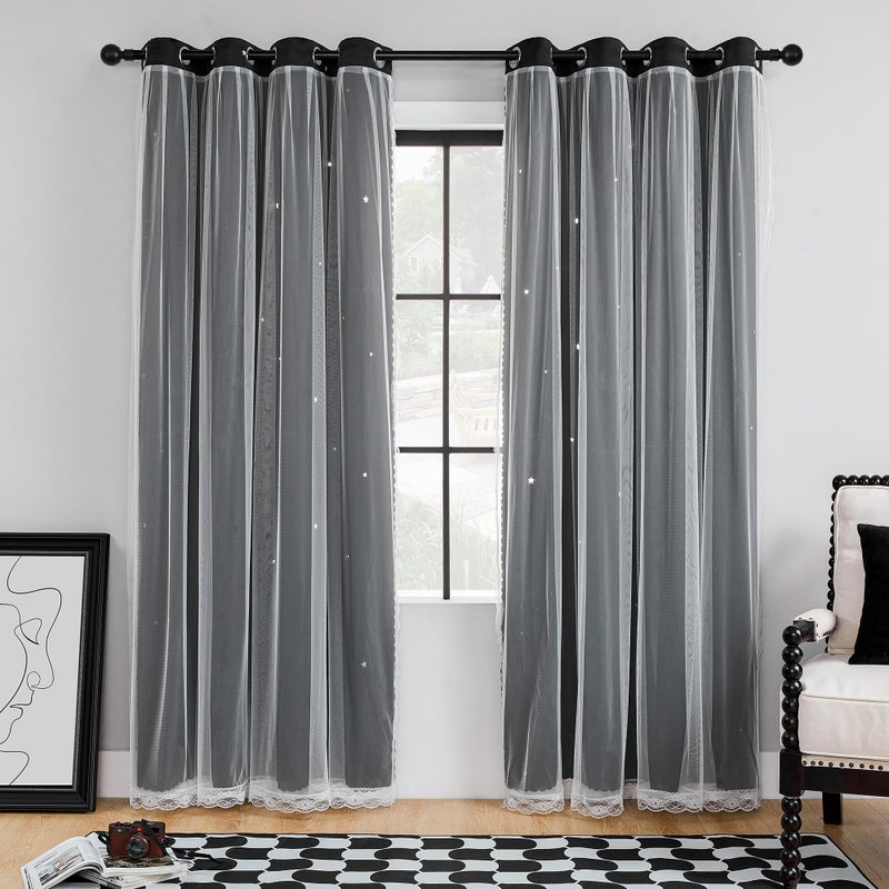 XiDi Black Curtains for Bedroom 63 Inches Long Hollow Star Curtains Blackout Modern Luxury Unicorn Decor for Kids Girls Room Black Out Drapes for Living Room 2 Panels 34x63 - Image 2