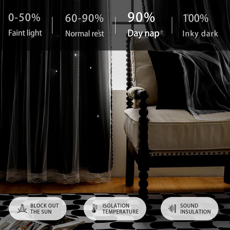 XiDi Black Curtains for Bedroom 63 Inches Long Hollow Star Curtains Blackout Modern Luxury Unicorn Decor for Kids Girls Room Black Out Drapes for Living Room 2 Panels 34x63 - Image 5