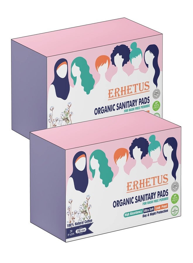 ERHETUS 100% Natural Organic Sanitary Pads For Women | Pure Cotton & Bamboo Fiber Base Biodegradable Sanitary Napkins For Girls | 40 Pads (Combo Of 2 X 20 Pad, Xl, 290 Mm) - Image 1