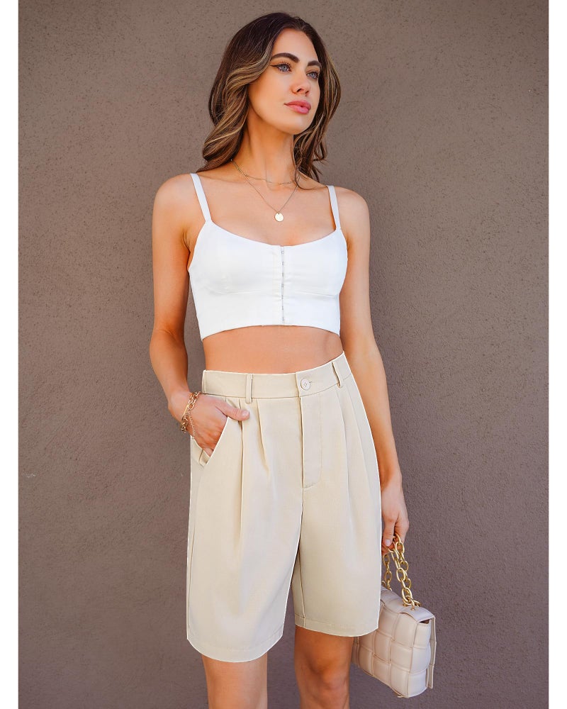 luvamia Long Shorts for Women Beige Dressy Bermuda High Waisted Women's Elastic Waist Shorts Size Large Size 12 14 - Image 5