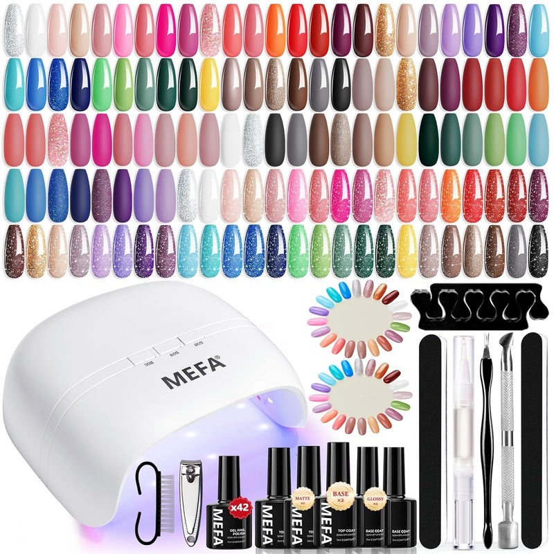 MEFA 60 Pcs Gel Nail Polish Kit with U V Light, 42 Colors All Seasons Collection Easter Colorful Gel Polish Essential Set with 5 Psc Matte/Glossy Base Top Coat, Cuticle Remover, Salon Gifts for Women
