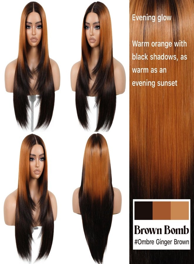 Brownbomb Ombre Orange Black Wear and Go Glueless Wigs Pre Plucked Pre Cut for Beginners Synthetic Lace Front Wigs With Bangs Long Straight layered Wigs HD Lace 26 Inch 3 Seconds to Wear for Beginners - Image 3