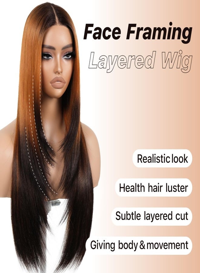 Brownbomb Ombre Orange Black Wear and Go Glueless Wigs Pre Plucked Pre Cut for Beginners Synthetic Lace Front Wigs With Bangs Long Straight layered Wigs HD Lace 26 Inch 3 Seconds to Wear for Beginners - Image 2