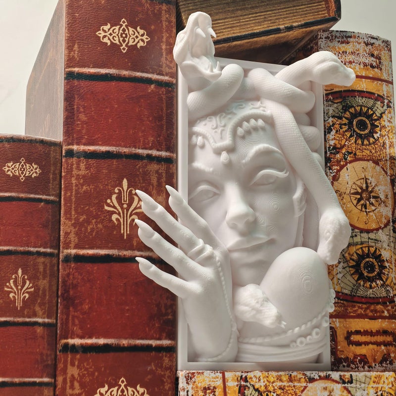 LuckyVin Medusa 3D Printed Decorative Bookend Lightweight Durable Book Shelf Accessories for Friends Stylish Bookend Ideal Home Decor Essential for Book Lovers (White Medusa) - Image 1