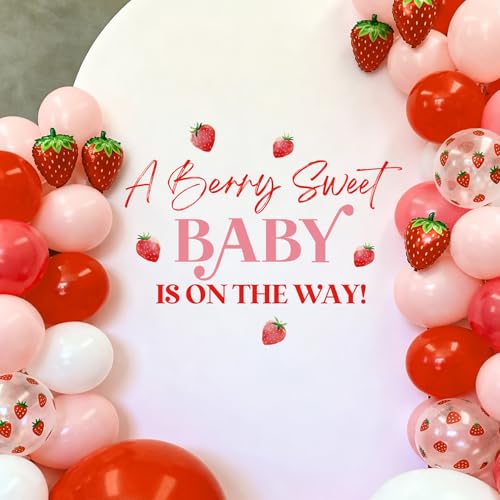 Aoemon A Berry Sweet Baby is on The Way Decorations - Peel and Stick Strawberry Baby Shower Decorations Balloon Arch Stickers, Strawberry Theme Wall Decor, Sweet One Berry First Birthday Party Backdrop Decor - Image 1