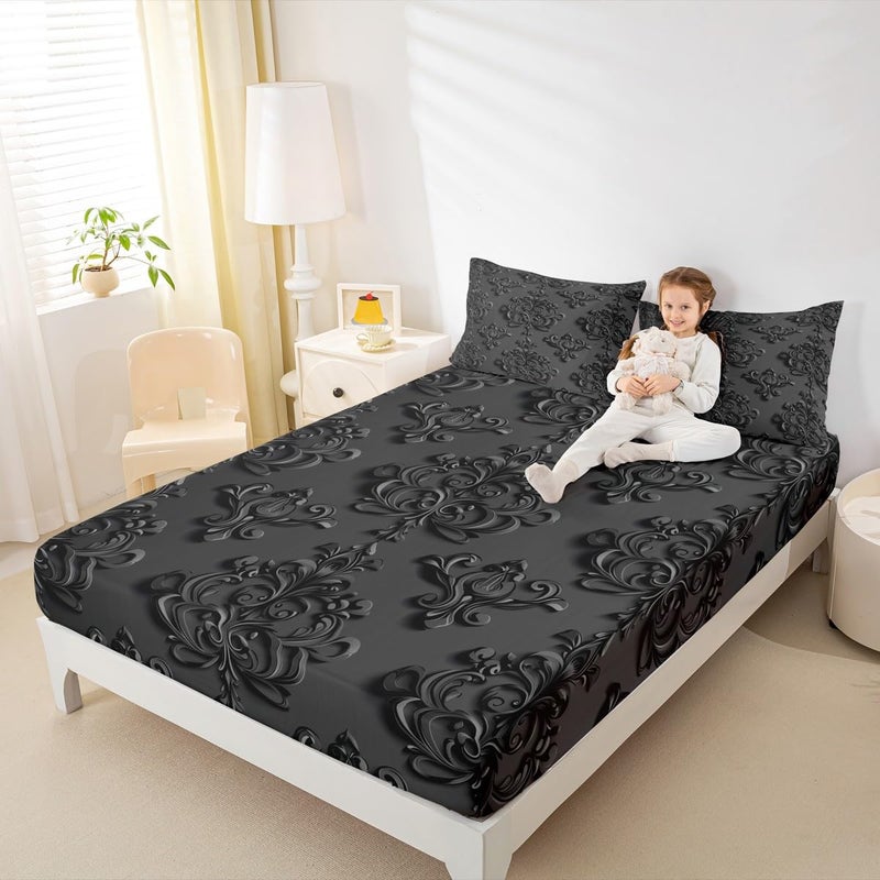 Feelyou Gothic Damask Bed Sheets Set Full Size Vintage Jacquard Deep Pocket Fitted Sheet Black Bedding Sets Exotic Floral Soft Bed Set 4Pcs with 2 Pillow Cases - Image 5