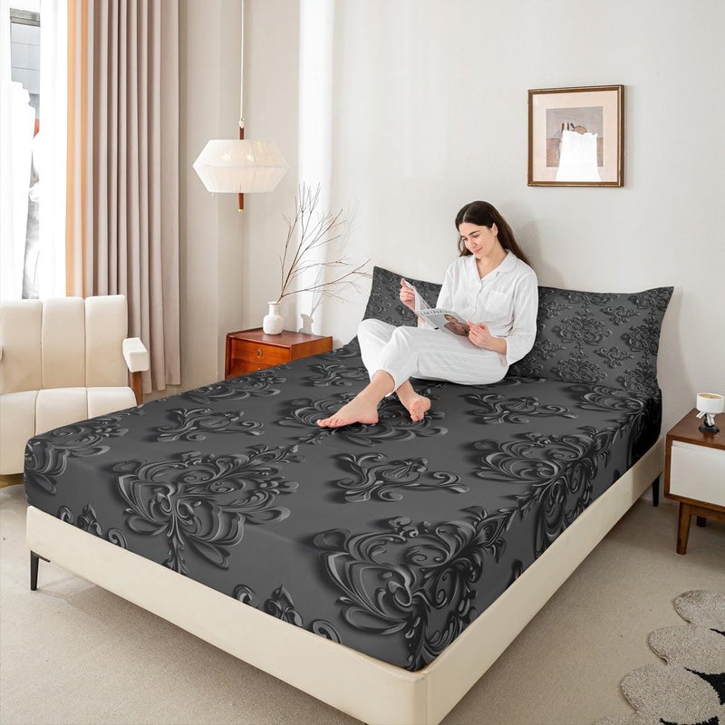 Feelyou Gothic Damask Bed Sheets Set Full Size Vintage Jacquard Deep Pocket Fitted Sheet Black Bedding Sets Exotic Floral Soft Bed Set 4Pcs with 2 Pillow Cases - Image 4