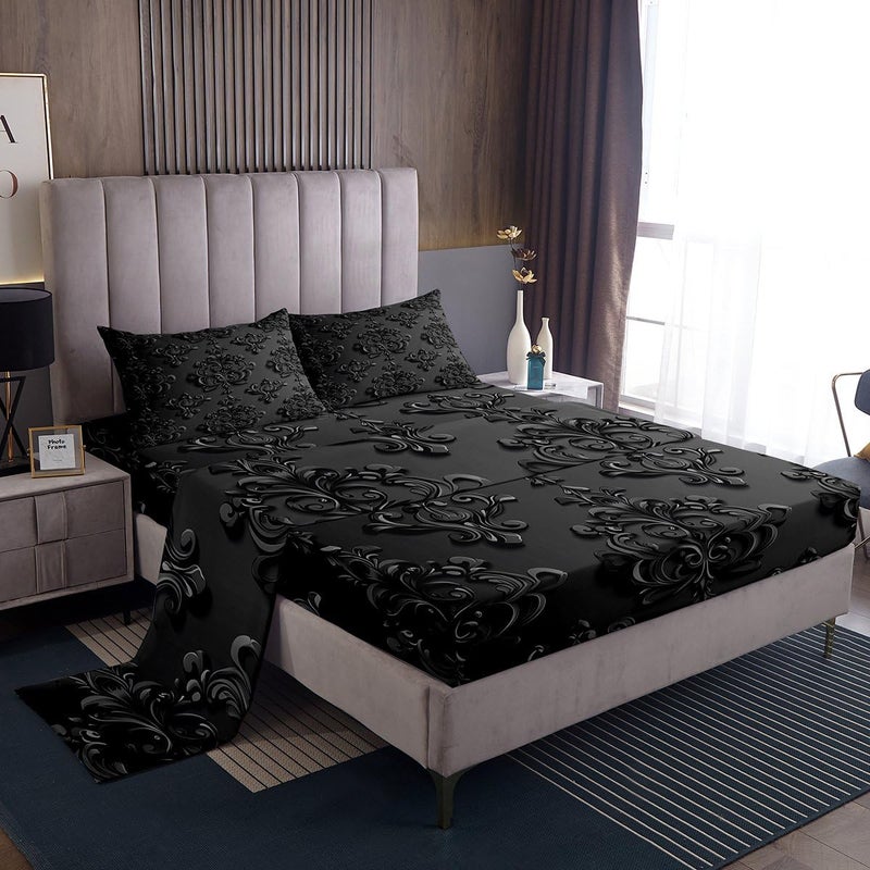 Feelyou Gothic Damask Bed Sheets Set Full Size Vintage Jacquard Deep Pocket Fitted Sheet Black Bedding Sets Exotic Floral Soft Bed Set 4Pcs with 2 Pillow Cases - Image 1