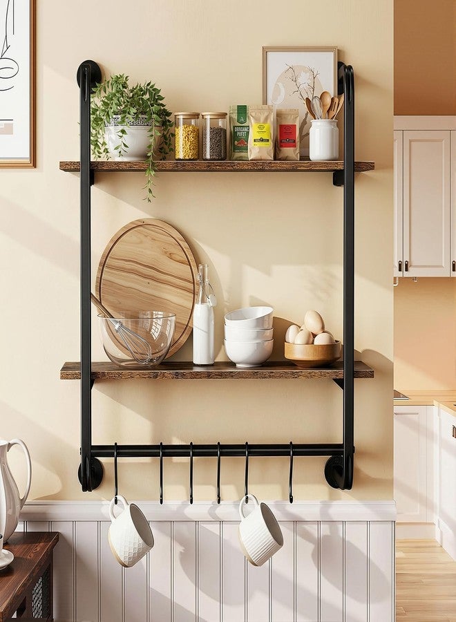 رف عائم صناعي من طبقتين من Kssiaz، رفوف حائط للمطبخ بطول 24 بوصة مع قضيب مناشف و6 خطافات، رفوف ركن قهوة، رف عرض كتب، رف حائط للمطبخ والحمام وديكور المنزل، بني ريفي - Image 1