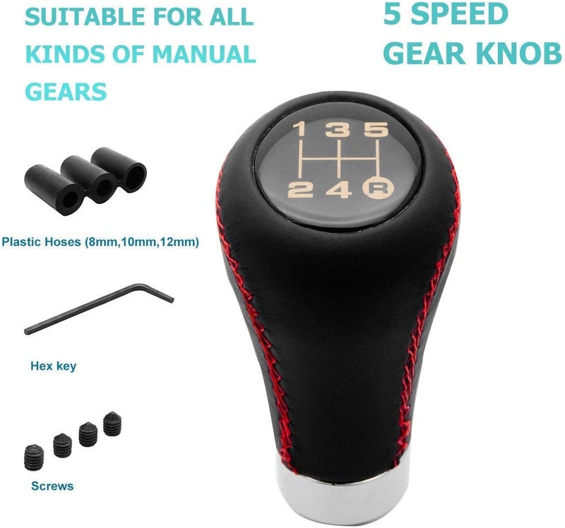 MACHSWON 5 Speed Leather Universal Gear Shift Knob with Red Stitch - Image 2