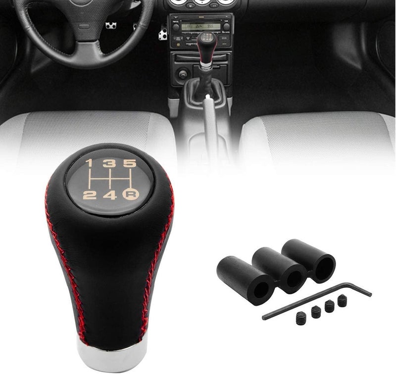 MACHSWON 5 Speed Leather Universal Gear Shift Knob with Red Stitch - Image 1